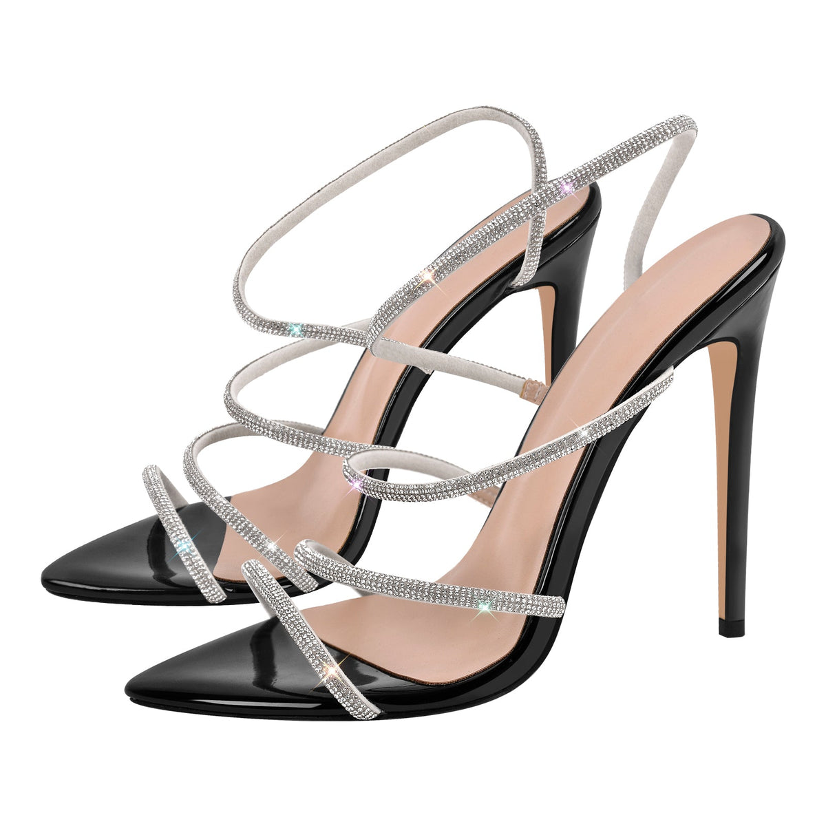 Pointed Toe Rhinestone Strap Stiletto Sandals - Onlymaker