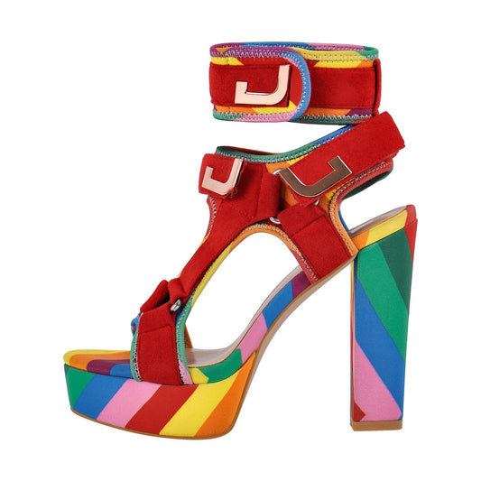 Canvas Rainbow Ankle Strap Chunky Heel Sandals - Onlymaker