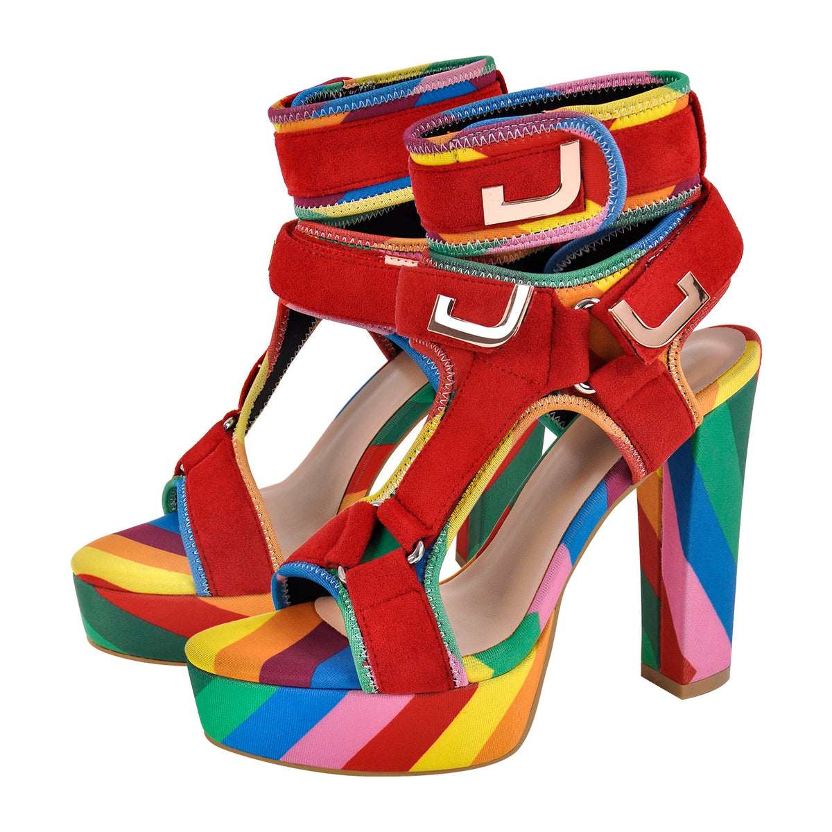 Canvas Rainbow Ankle Strap Chunky Heel Sandals - Onlymaker