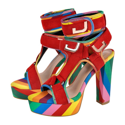 Canvas Rainbow Ankle Strap Chunky Heel Sandals - Onlymaker
