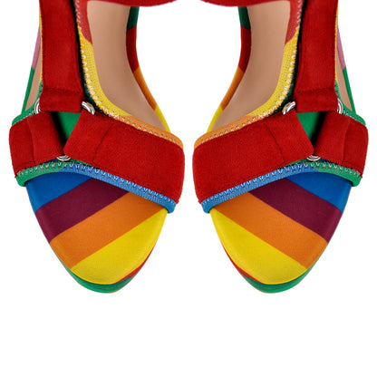 Canvas Rainbow Ankle Strap Chunky Heel Sandals - Onlymaker