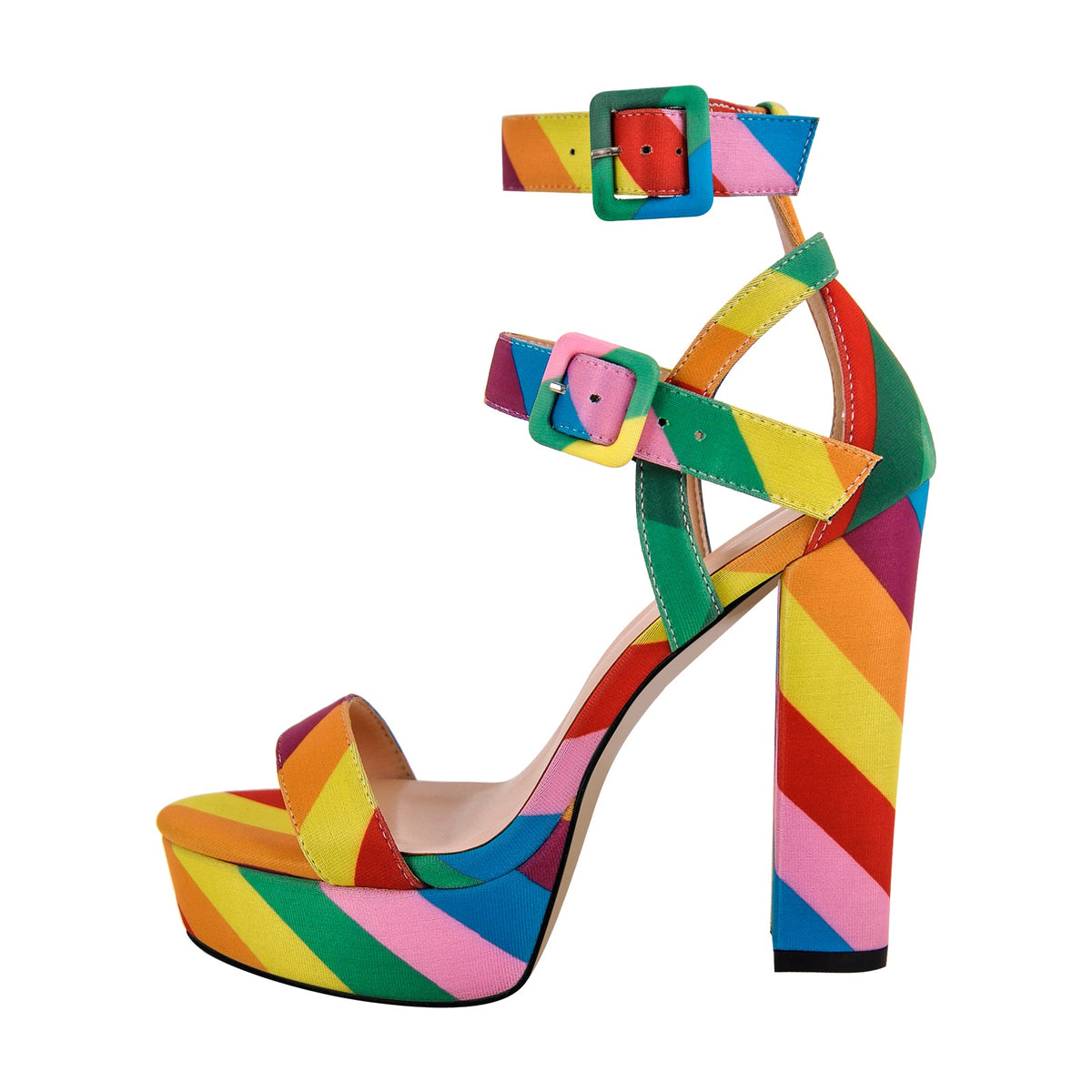 Rainbow Buckle Strap Chunky Heel Sandals - Onlymaker