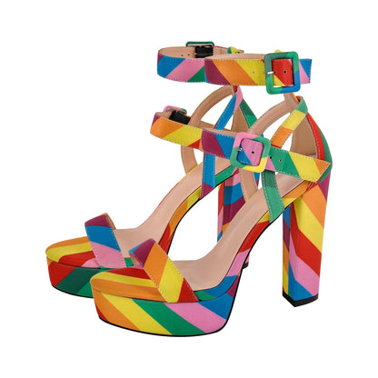 Rainbow Buckle Strap Chunky Heel Sandals - Onlymaker