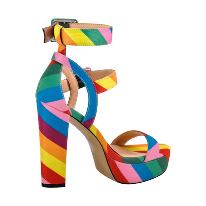 Rainbow Buckle Strap Chunky Heel Sandals - Onlymaker
