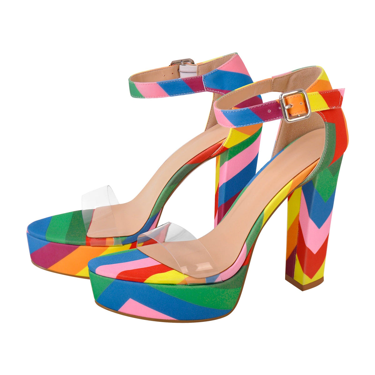 Rainbow Platform Chunky Heel Clear Ankle Strap Sandals - Onlymaker