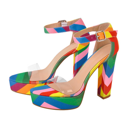 Rainbow Platform Chunky Heel Clear Ankle Strap Sandals - Onlymaker