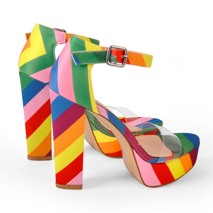 Rainbow Platform Chunky Heel Clear Ankle Strap Sandals - Onlymaker