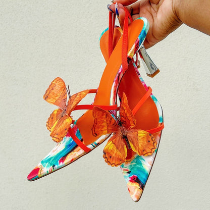 Butterfly Pointed Toe Slingback Kitten Heel Sandals - Onlymaker