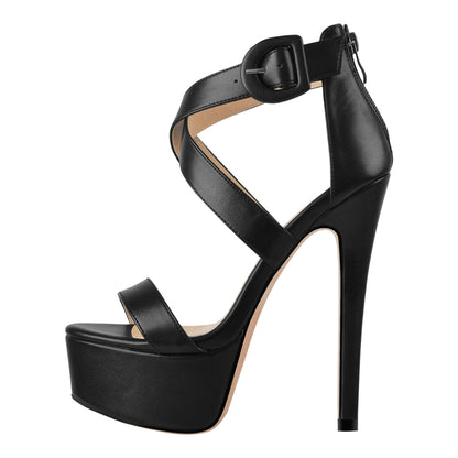 Round Toe Platform Buckle Ankle Strap Stiletto Sandals - Onlymaker