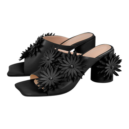 Square Toe Flower Chunky Heel Mules - Onlymaker