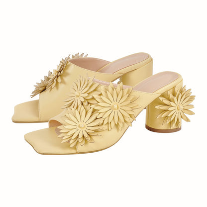 Square Toe Flower Chunky Heel Mules - Onlymaker