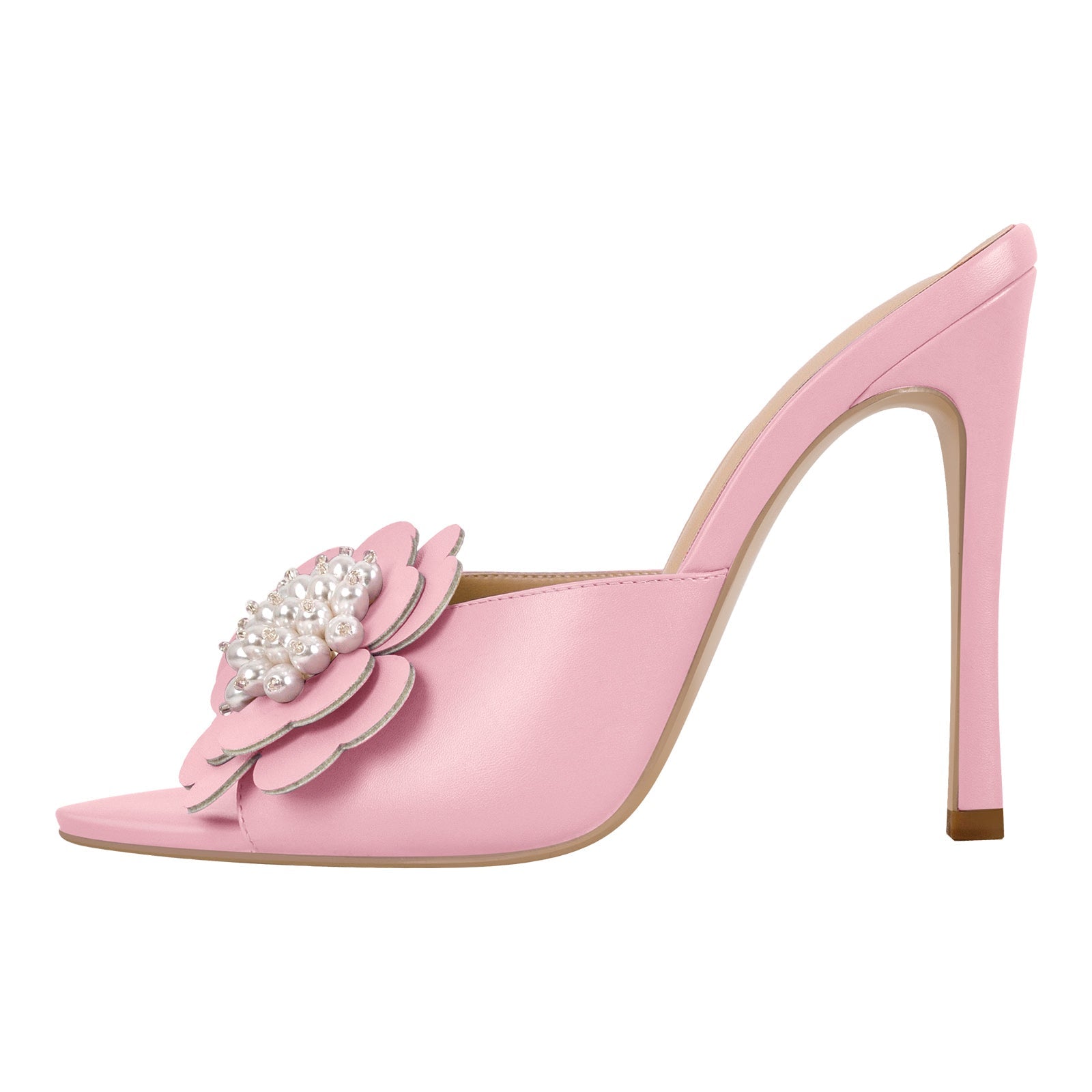 Pearl Flower Pointed Toe Stiletto Mules - Onlymaker