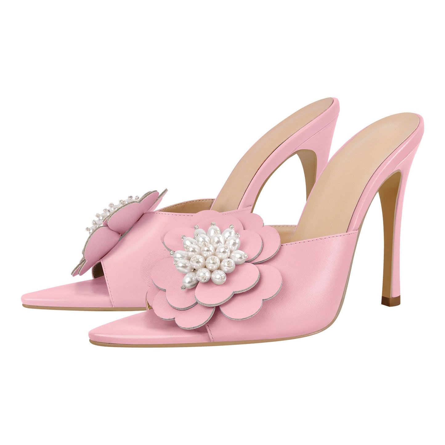 Pearl Flower Pointed Toe Stiletto Mules - Onlymaker