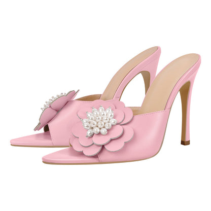 Pearl Flower Pointed Toe Stiletto Mules - Onlymaker