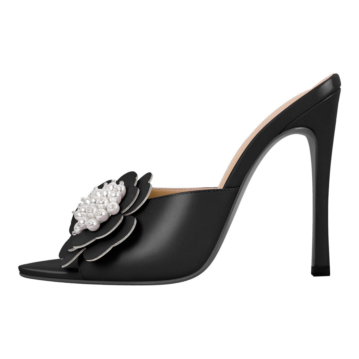 Pearl Flower Pointed Toe Stiletto Mules - Onlymaker