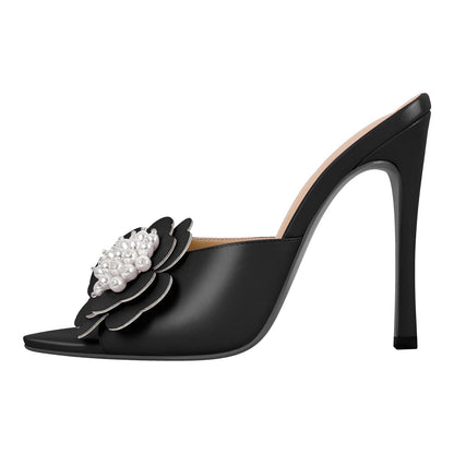 Pearl Flower Pointed Toe Stiletto Mules - Onlymaker