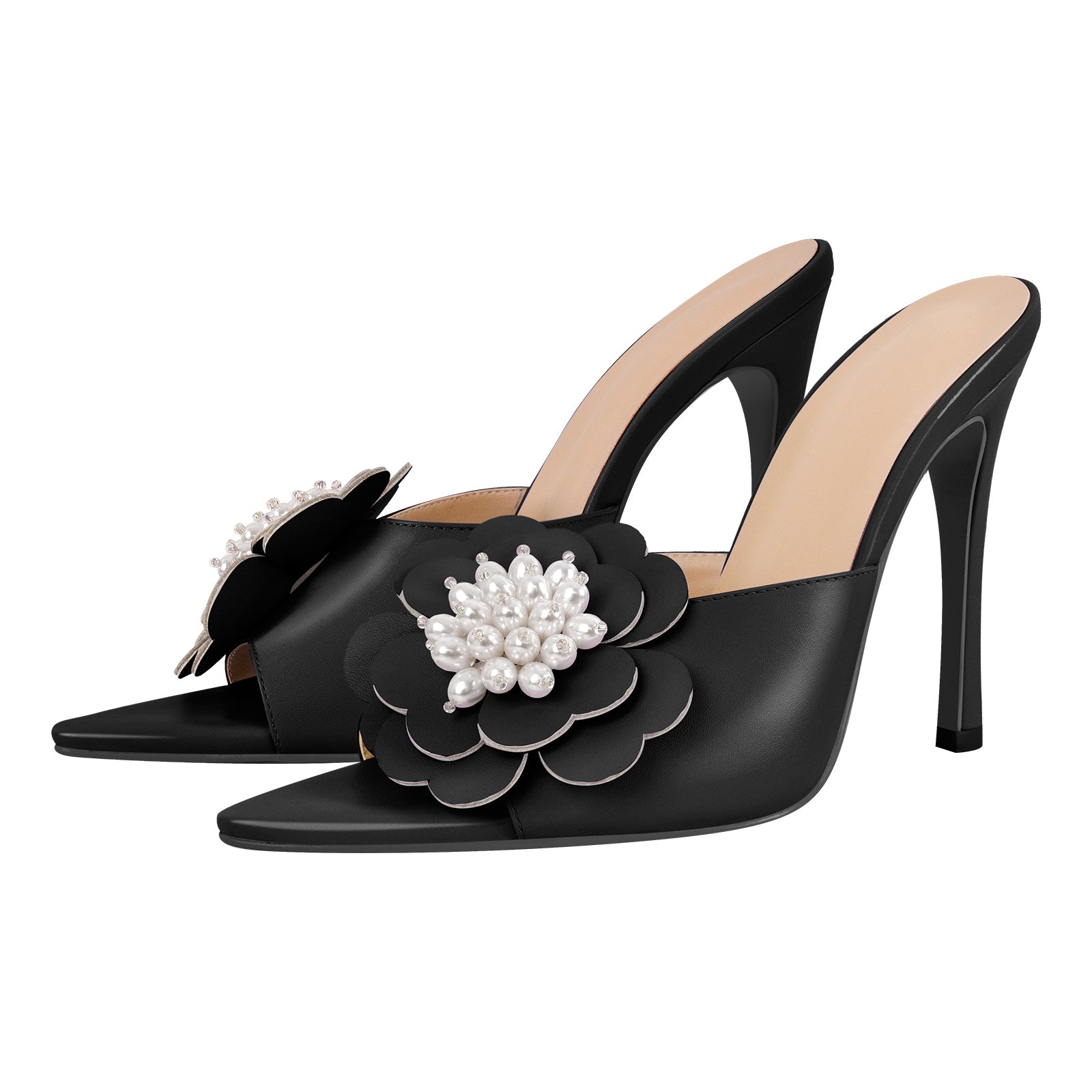 Pearl Flower Pointed Toe Stiletto Mules - Onlymaker