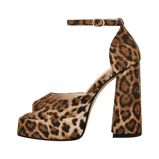 Leopard Platform Ankle Strap Chunky Heel Sandals - Onlymaker