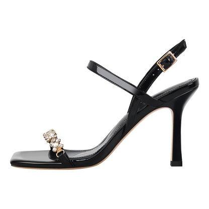 Rhinestone Square Toe Buckle Strap Sandals - Onlymaker