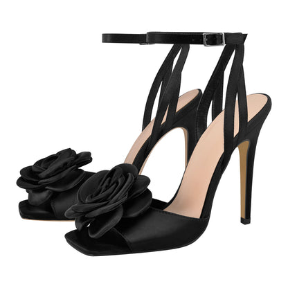 Square Toe Flower Ankle Strap Sandals - Onlymaker