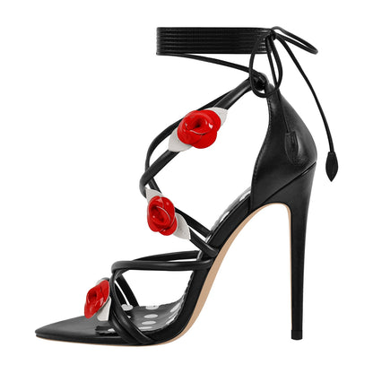 Pointed Toe Gladiator Flower Lace-up Stiletto Sandals - Onlymaker