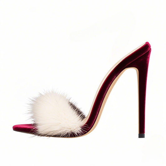 White Fur Velvet High Heel Mules - Onlymaker