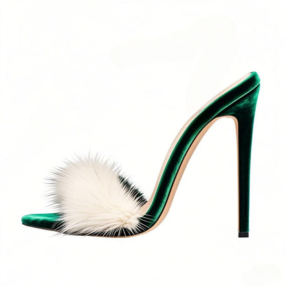 White Fur Velvet High Heel Mules - Onlymaker