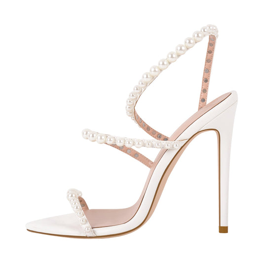Pointed Toe Pearl Strap Stiletto Sandals - Onlymaker