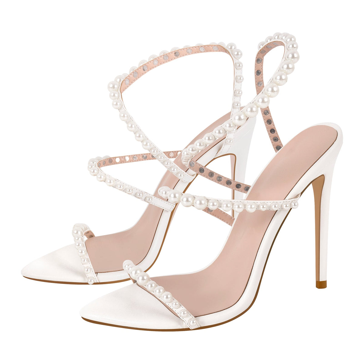 Pointed Toe Pearl Strap Stiletto Sandals - Onlymaker