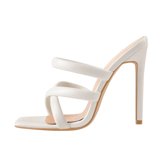 White Square Toe Matte High Heels Sandals - Onlymaker
