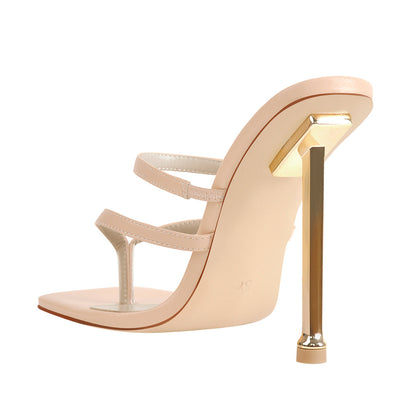Square Toe Strap 10cm Metal Heels Sandals - Onlymaker