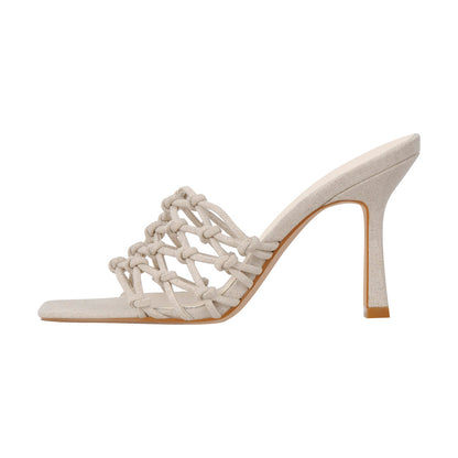 Linen Weave Sandals Square Open Toe High Heel Mules - Onlymaker