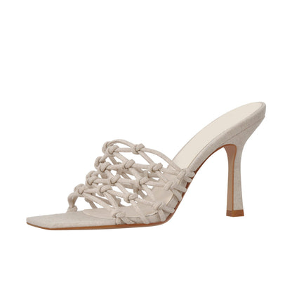Linen Weave Sandals Square Open Toe High Heel Mules - Onlymaker