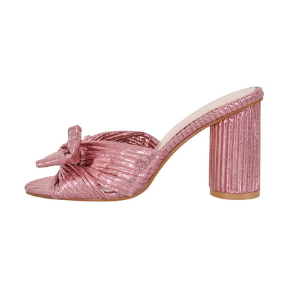 Round Toe Chunky Heel Bow Sandals Mules - Onlymaker