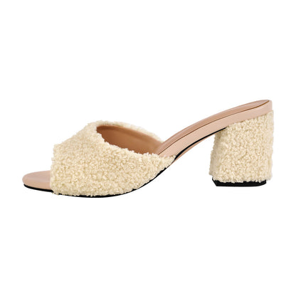 Round Toe Chunky Heel Fur Sandals Mules - Onlymaker