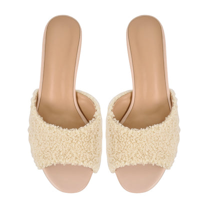 Round Toe Chunky Heel Fur Sandals Mules - Onlymaker