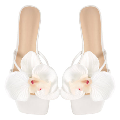 Flower Square Toe Chunky Heel Sandals Mules - Onlymaker