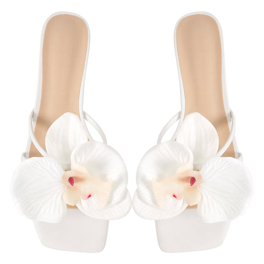 Flower Square Toe Chunky Heel Sandals Mules - Onlymaker