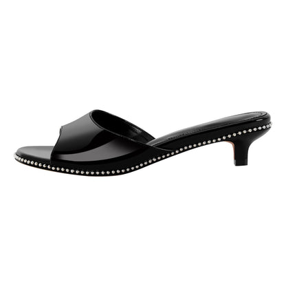 Round Toe Rivet Kitten Heel Mules - Onlymaker