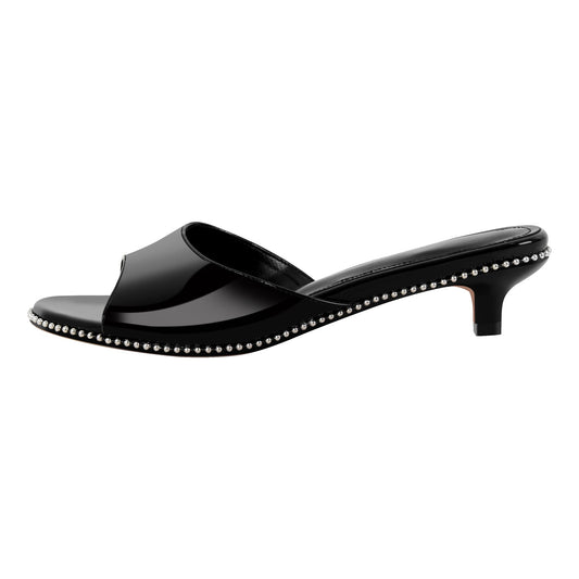 Round Toe Rivet Kitten Heel Mules - Onlymaker