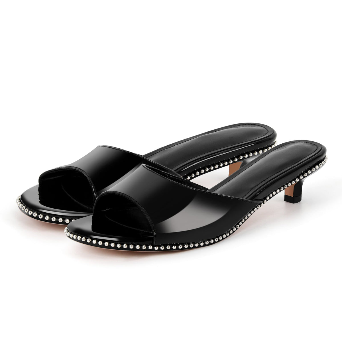 Round Toe Rivet Kitten Heel Mules - Onlymaker