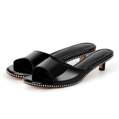 Round Toe Rivet Kitten Heel Mules - Onlymaker