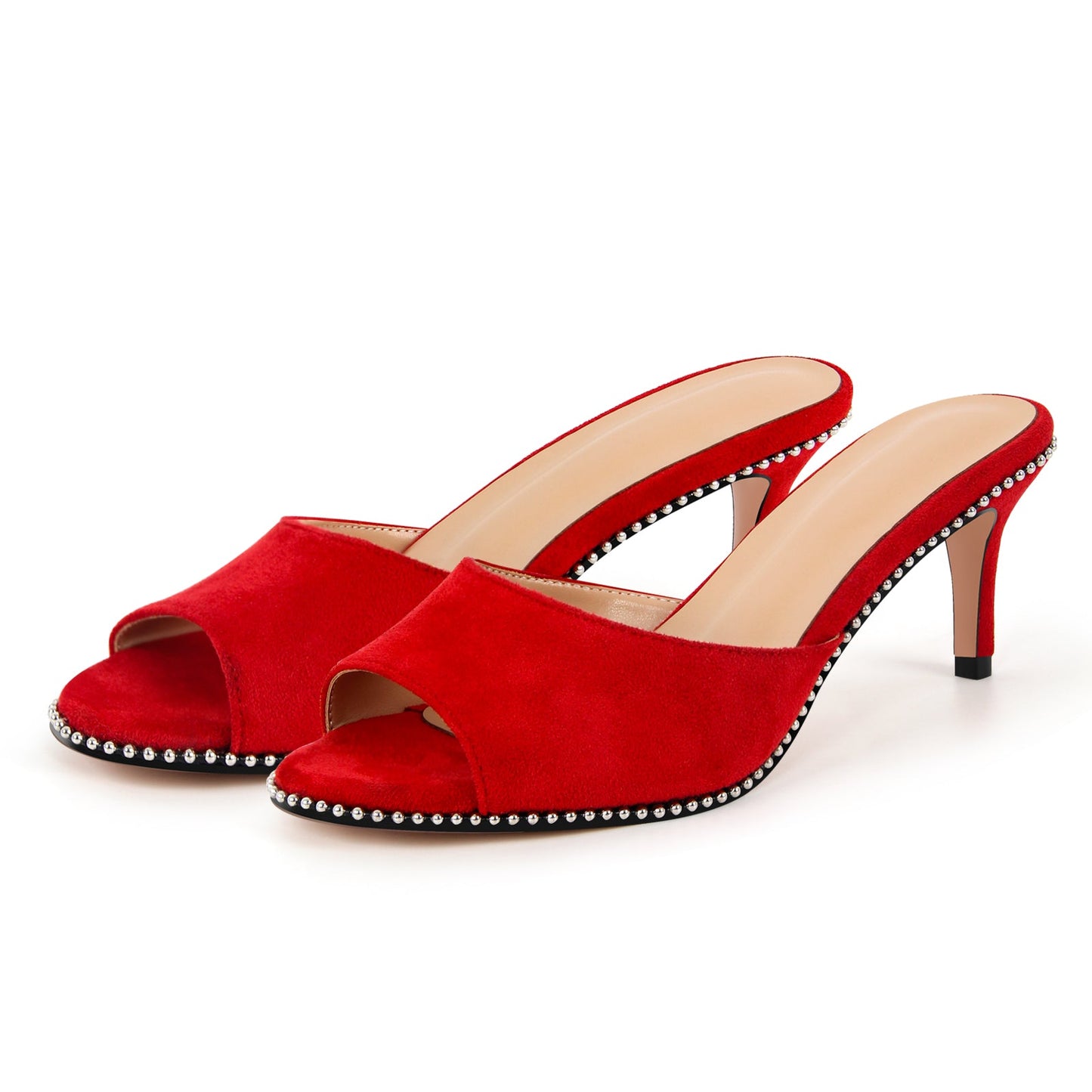 Round Toe Rivet Suede Stiletto Mules - Onlymaker