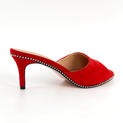 Round Toe Rivet Suede Stiletto Mules - Onlymaker