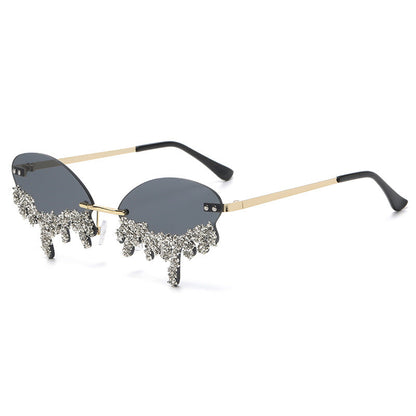 Rhinestone Tear Shape Rimless Sunglasses - Onlymaker