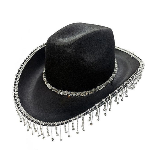 Black Fringe Rhinestone Cowboy Hat - Onlymaker