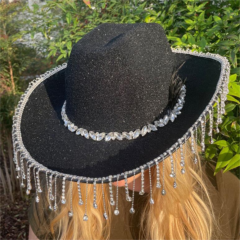 Black Fringe Rhinestone Cowboy Hat - Onlymaker