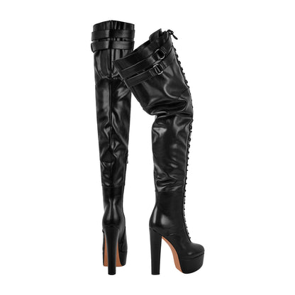 Platform Chunky Heel Lace-up Over The Knee Boots - Onlymaker