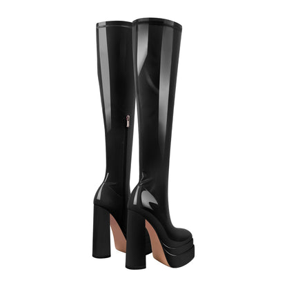 Patent Leather Platform Knee High Boots - Onlymaker