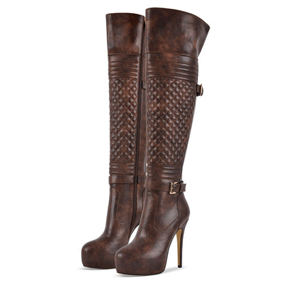 Platform Buckle Over The Knee Stiletto Boots - Onlymaker